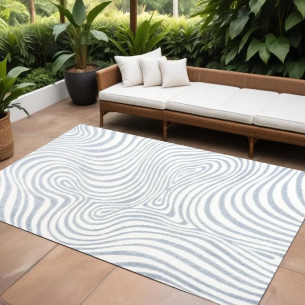 12' X 15' Light Blue And Ivory Abstract Indoor Outdoor Area Rug