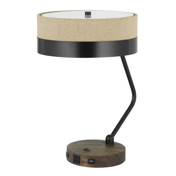 20" Black Metal Two Light Desk Usb Table Lamp With Beige Drum Shade