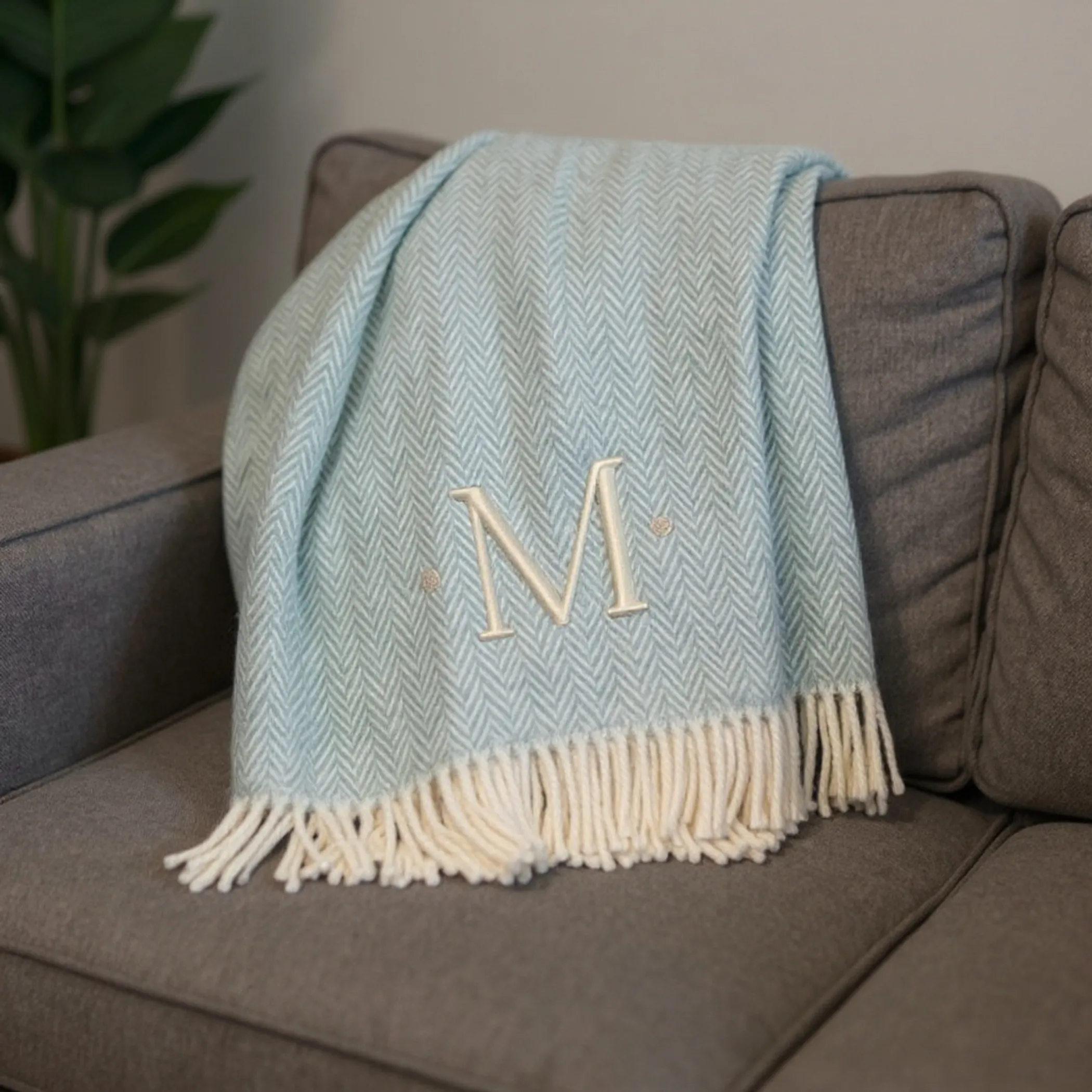 Herringbone Cotton Blend M Initial Throw Blanket with Tassels And Embroidery - Image 2