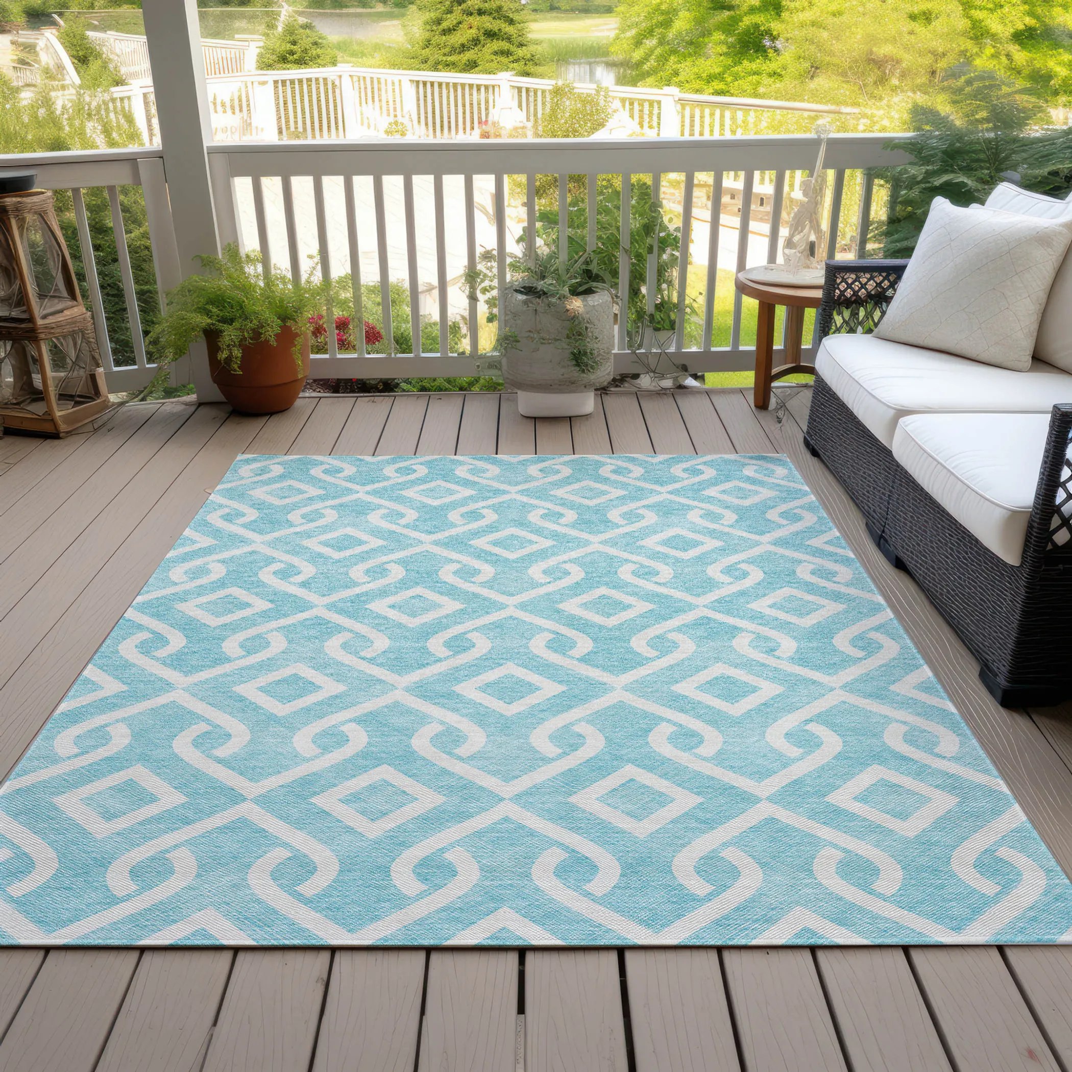 10' X 14' Aqua And Ivory Geometric Washable Indoor Outdoor Area Rug - Image 6