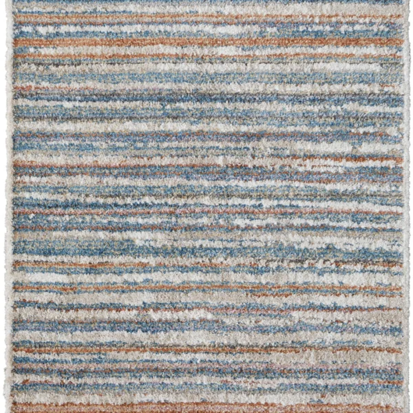 5' X 8' Ivory Blue And Orange Striped Power Loom Stain Resistant Area Rug