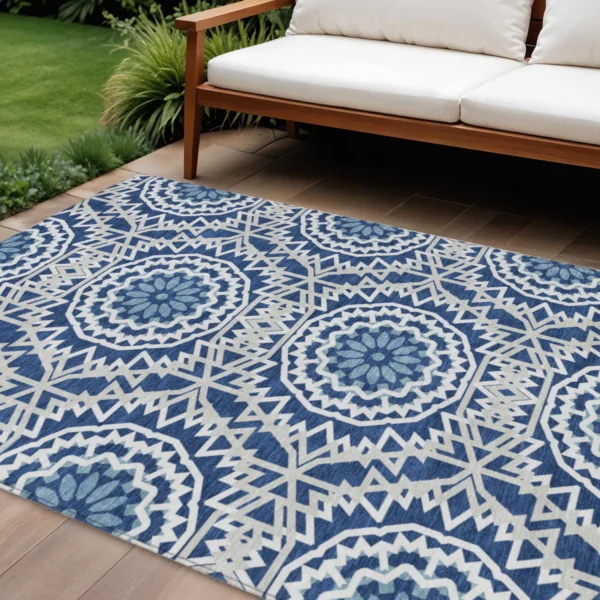 10' X 14' Navy Blue Ivory And Gray Floral Medallion Washable Indoor Outdoor Area Rug