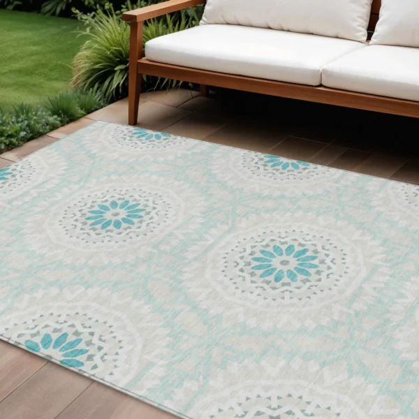10' X 14' Teal Blue Beige And Ivory Floral Medallion Washable Indoor Outdoor Area Rug