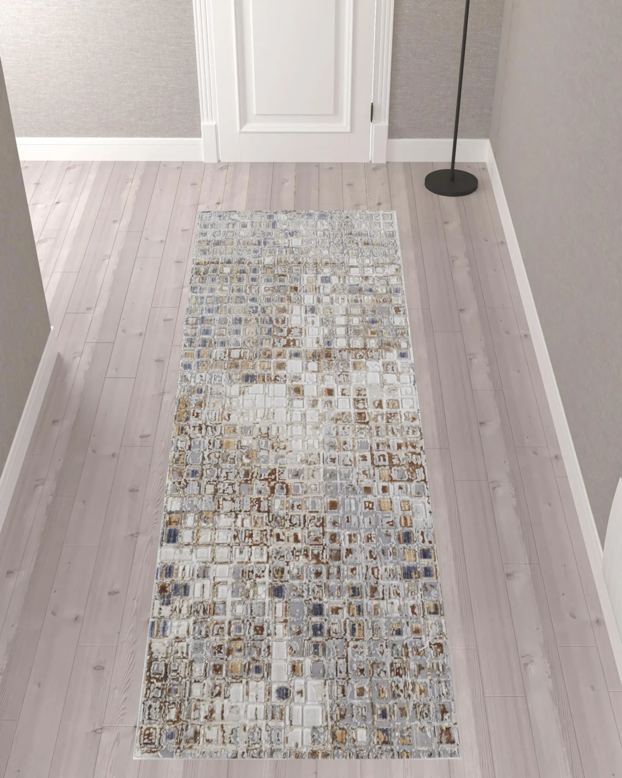 10' Tan Ivory And Blue Geometric Power Loom Distressed Runner Rug - Image 2