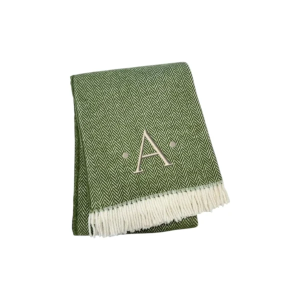 Herringbone Cotton Blend A Initial Throw Blanket with Tassels And Embroidery