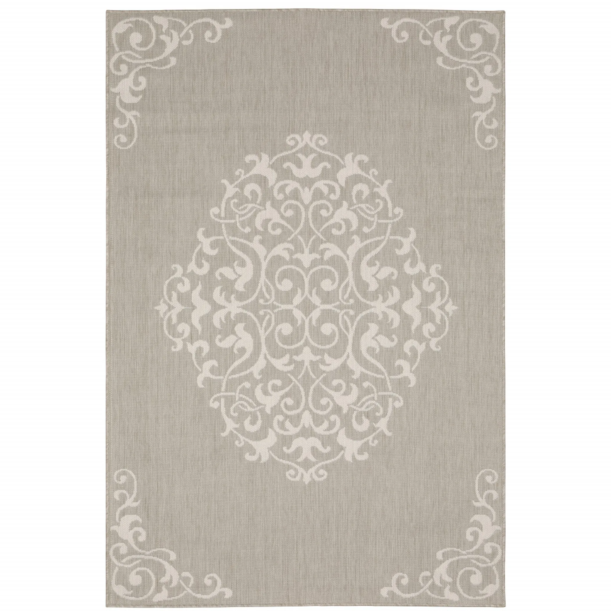 7' X 9' Gray and Ivory Oriental Stain Resistant Indoor Outdoor Area Rug