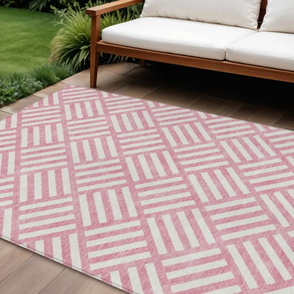 10' X 14' Pink And Ivory Geometric Washable Indoor Outdoor Area Rug