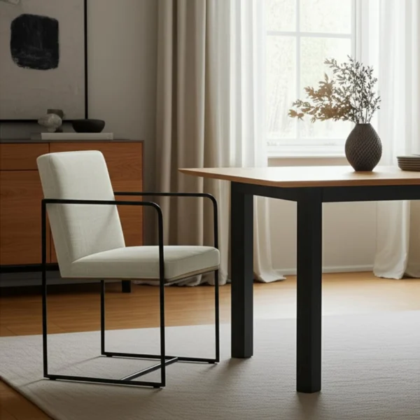 Beige and Black Upholstered Cushion And Metal Dining Arm Chair