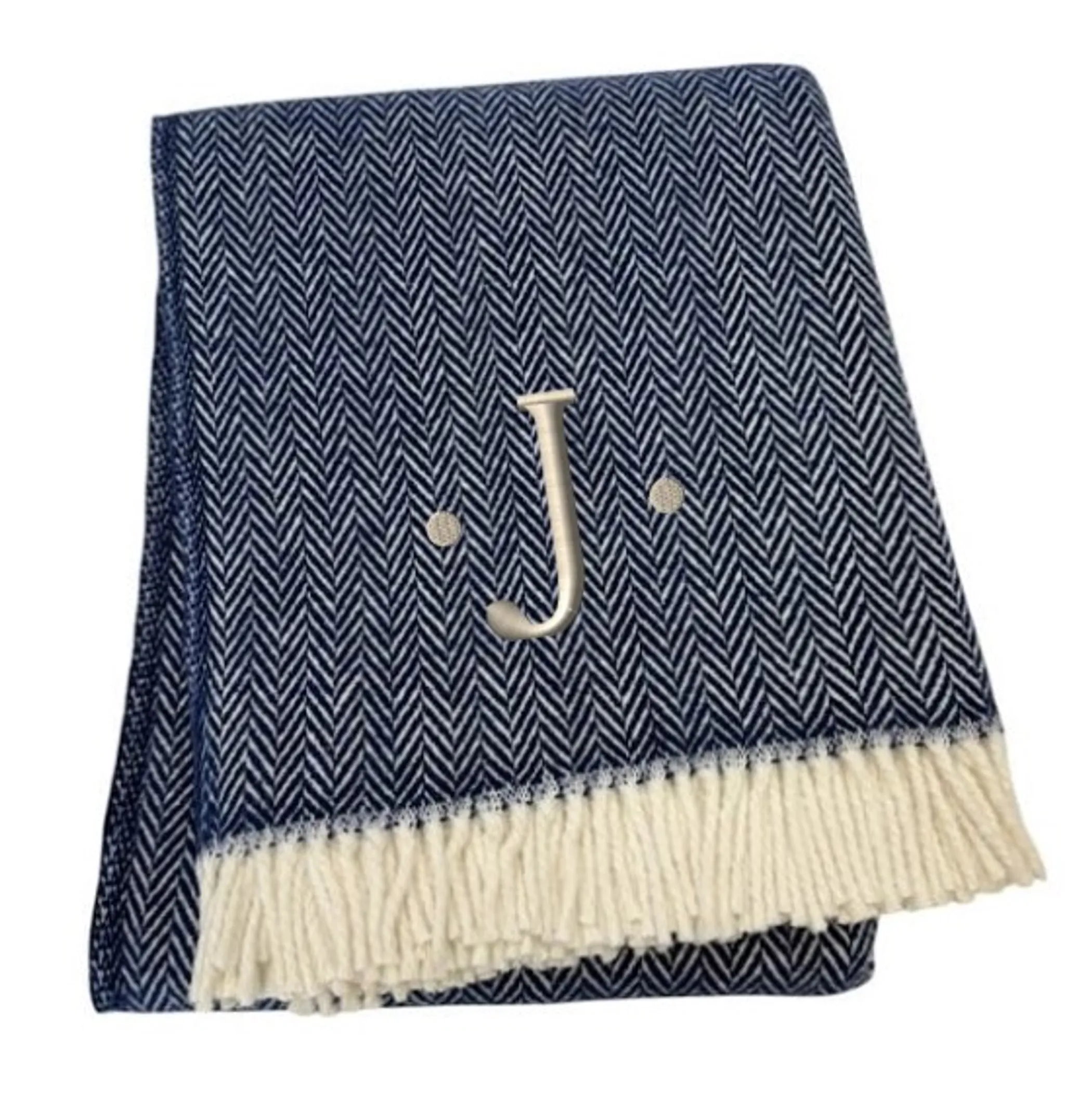 Herringbone Cotton Blend J Throw Blanket with Tassels And Embroidery - Image 3