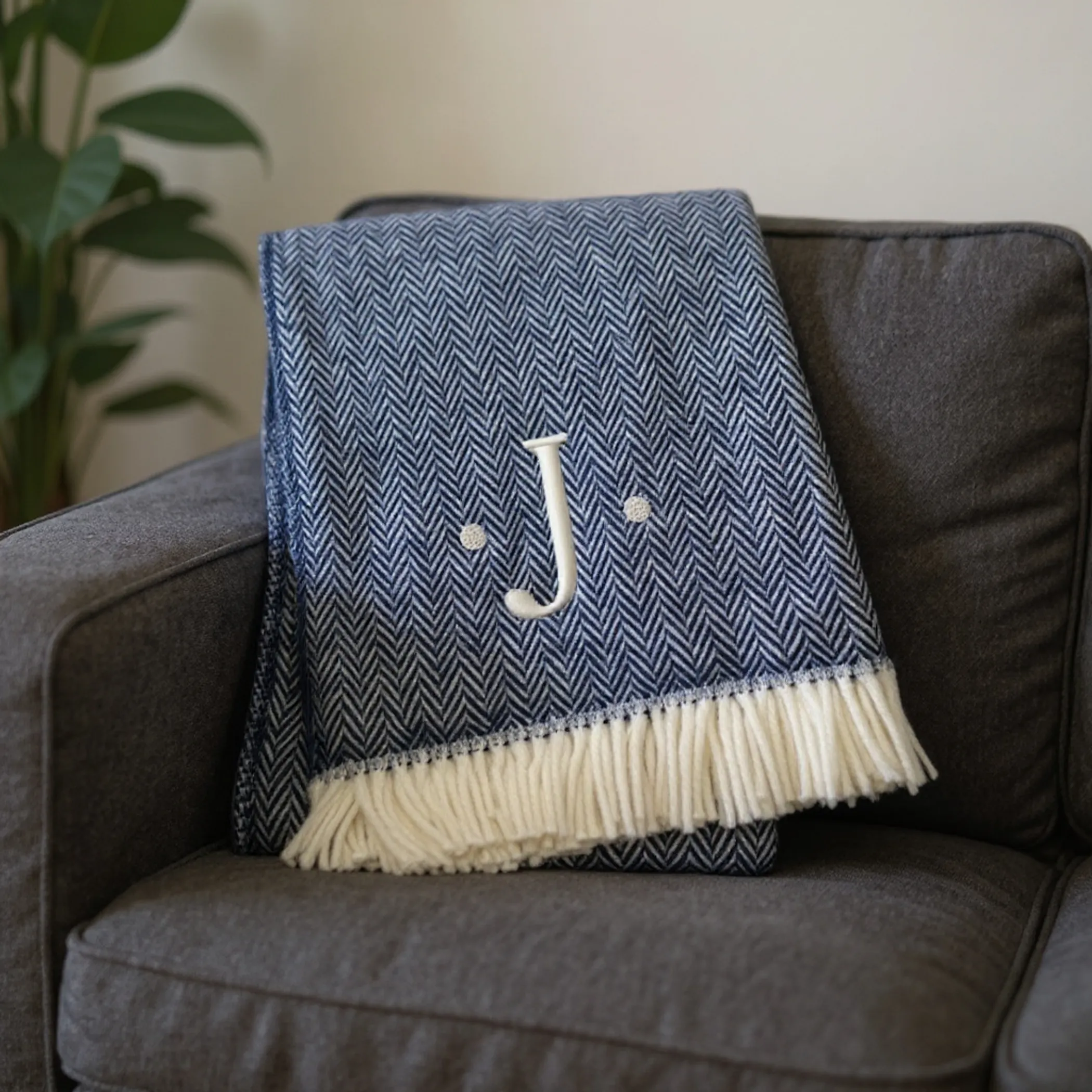 Herringbone Cotton Blend J Throw Blanket with Tassels And Embroidery - Image 2