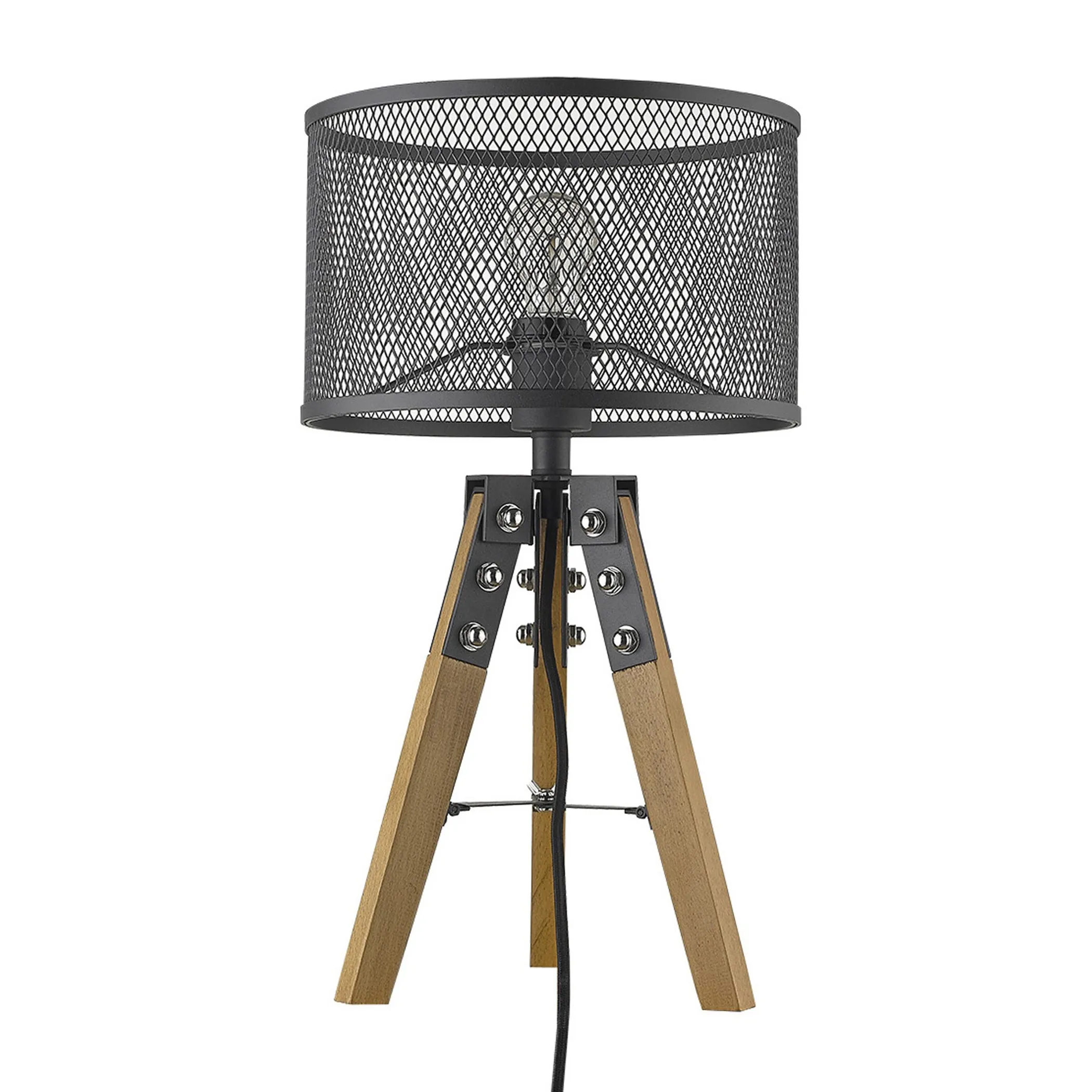 20" Brown Solid Wood Tripod Table Lamp With Black Drum Shade - Image 2