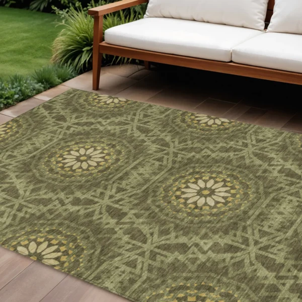 10' X 14' Olive Green Artichoke Green And Gold Floral Medallion Washable Indoor Outdoor Area Rug