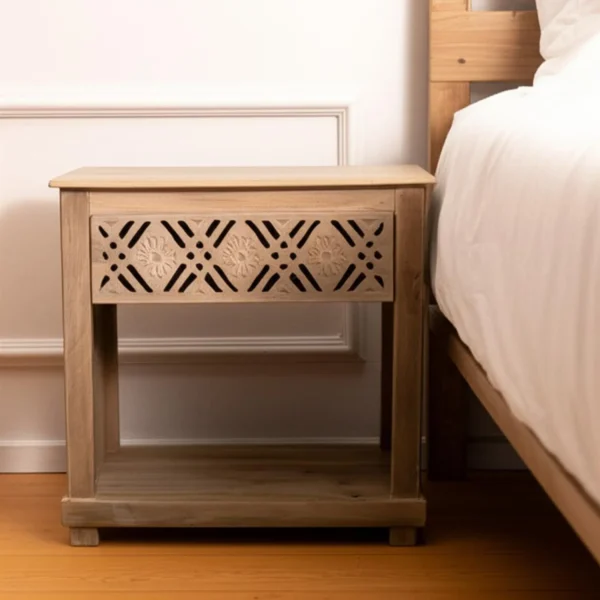 28" Natural Solid Wood Carved Geometric One Drawer Nightstand