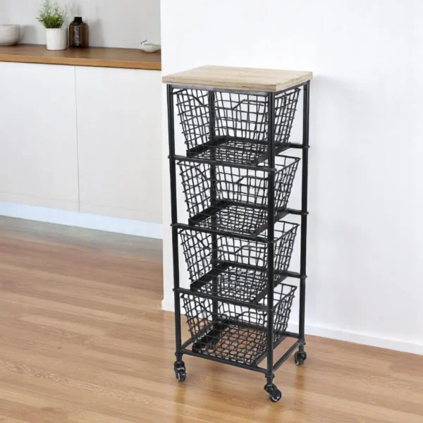 41" Black And Natural Metal And Wood Basket Storage Rolling Cabinet